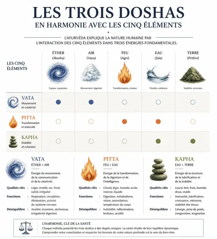 Infographie des trois doshas en Ayurveda : Vata, Pitta et Kapha et leurs éléments associés