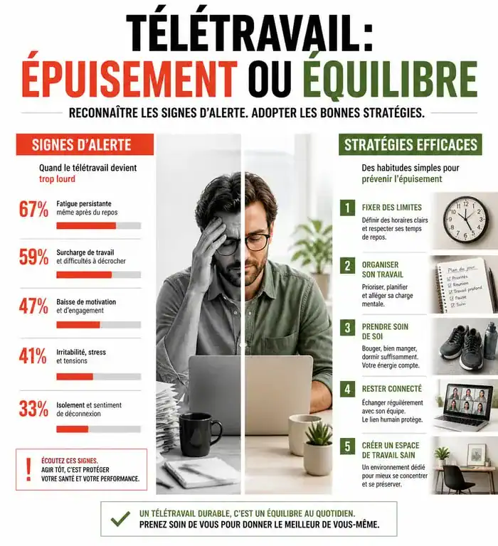 Infographie sur les signaux d'alerte et la prévention du burn-out en télétravail