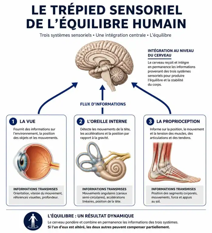 Infographie expliquant le trépied sensoriel de l'équilibre et le lien entre fatigue et vertige