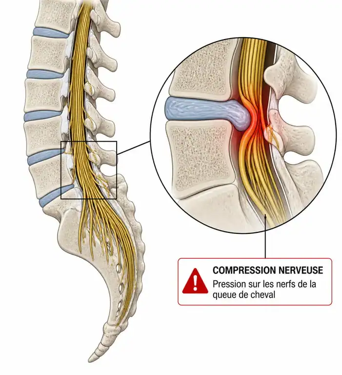 Schéma anatomique illustrant le syndrome de la queue de cheval et la compression des racines nerveuses