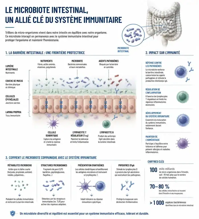 Infographie sur le rôle du microbiote intestinal dans le renforcement du système immunitaire