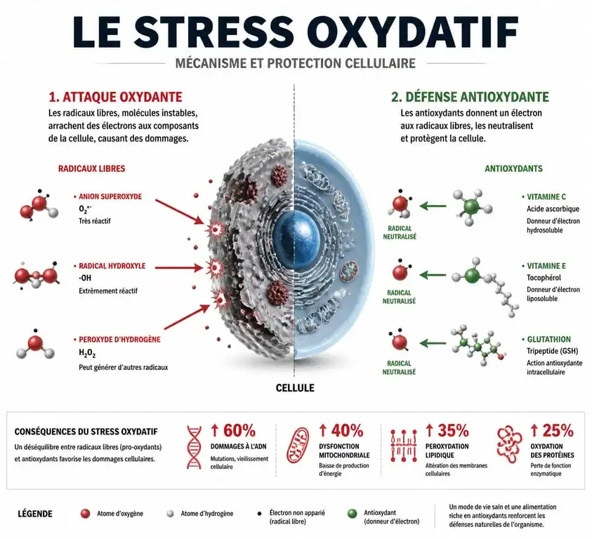 Infographie explicative du stress oxydatif et du rôle des aliments riches en antioxydants pour la protection cellulaire