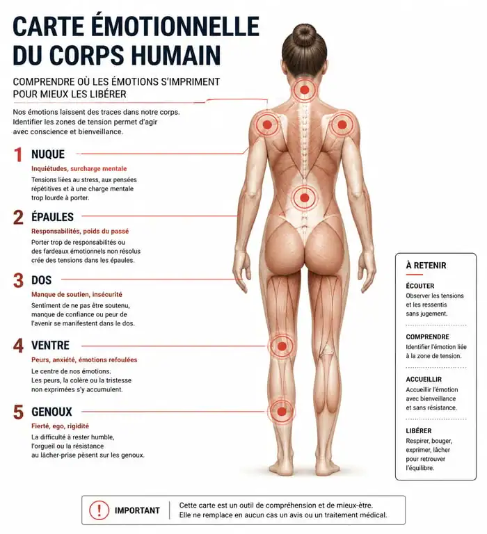 Infographie de la carte émotionnelle des maux du corps montrant les liens entre émotions et douleurs physiques
