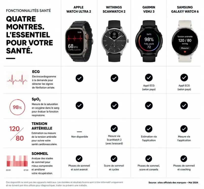 Infographie comparative des meilleures montres connectées santé : Apple, Withings, Garmin, Samsung.