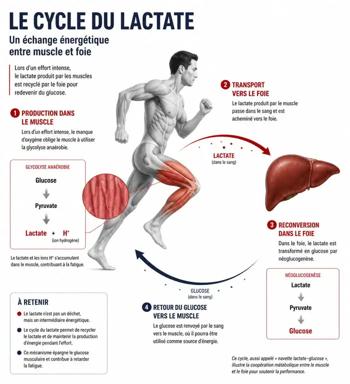 Infographie expliquant le cycle du lactate et l'acide lactique dans le sport