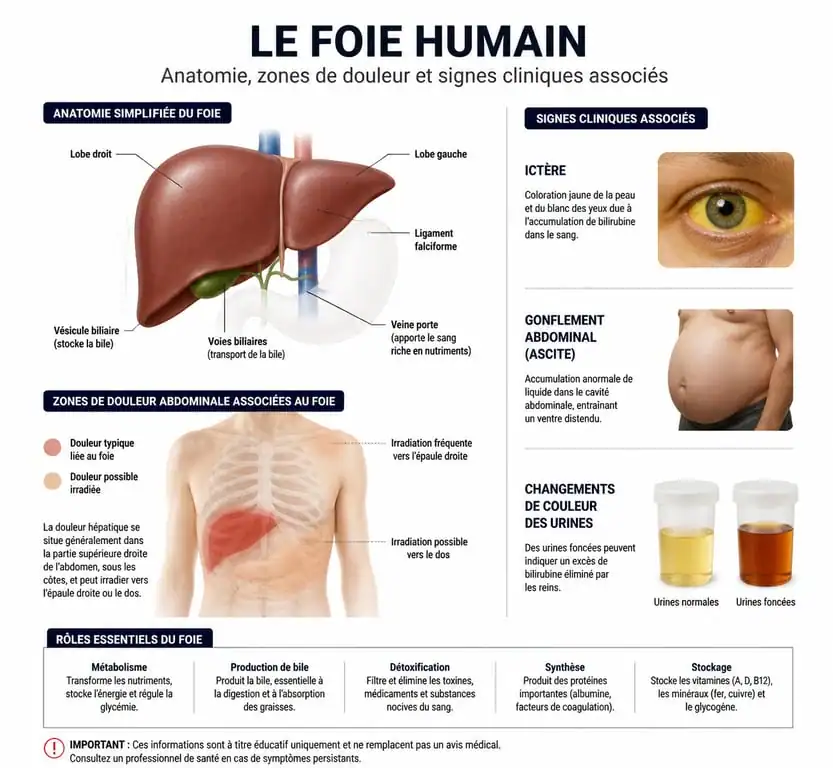 Schéma des symptômes d'un foie malade et localisation des douleurs hépatiques