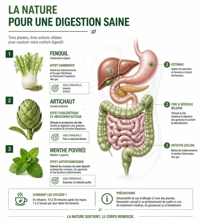 Infographie des remèdes naturels pour une aide pour la digestion efficace
