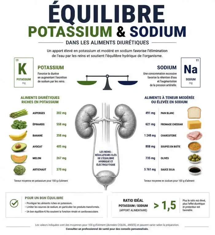 Infographie sur les bienfaits des aliments diurétiques et l'équilibre potassium-sodium pour la santé