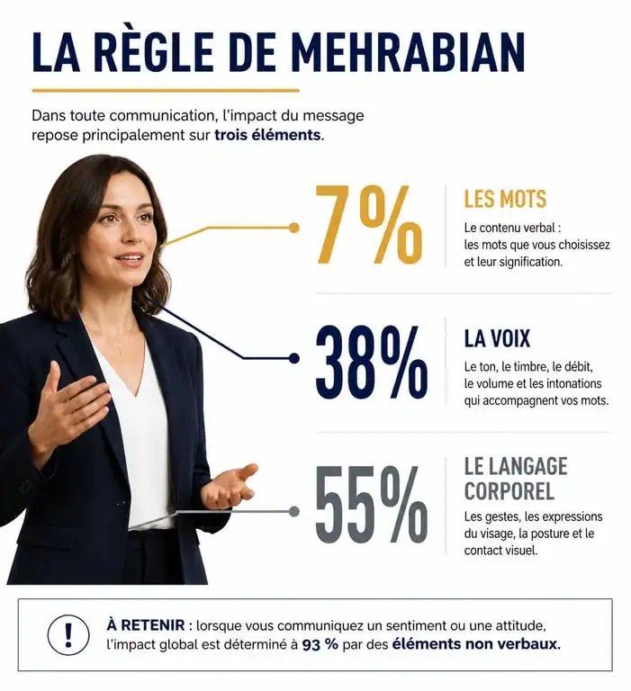 Répartition de l'impact de la communication selon la règle de Mehrabian : 7% mots, 38% voix, 55% langage corporel
