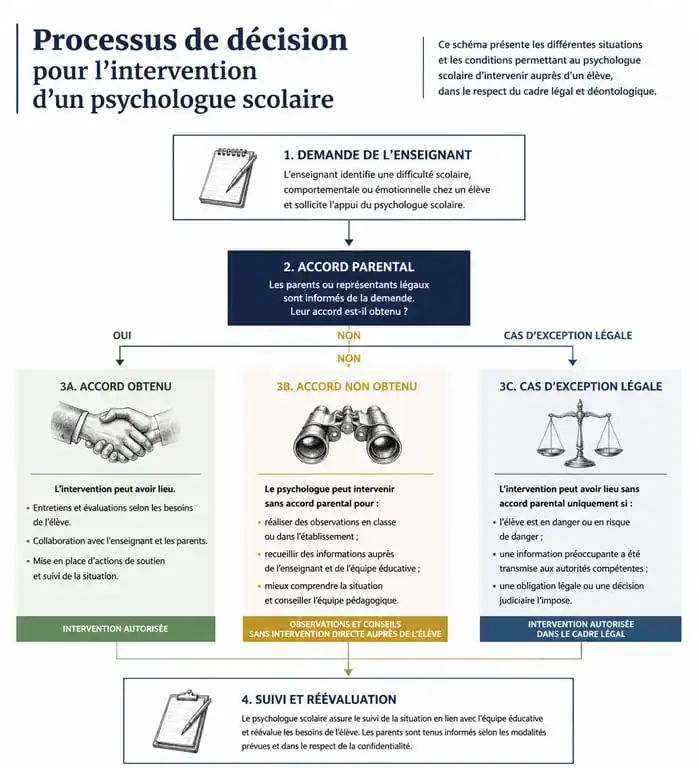 Infographie sur la procédure d'intervention du psychologue scolaire et le consentement parental