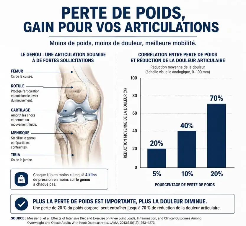 Infographie illustrant le lien entre perte de poids et soulagement des douleurs articulaires et arthrose
