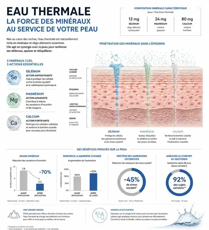 Infographie illustrant les bienfaits de l'eau thermale sur la peau et ses propriétés dermatologiques