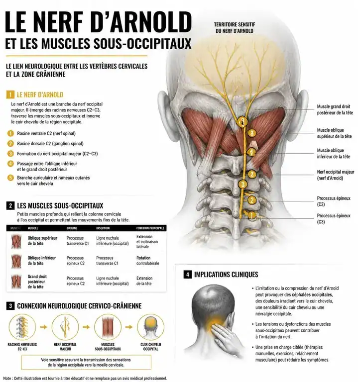 Schéma anatomique expliquant le trajet de la douleur cervicale remontant dans la tête via le nerf d'Arnold.