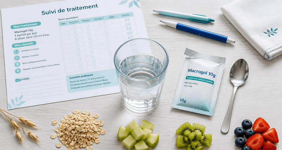 macrogol 10g sur table avec eau et fibres