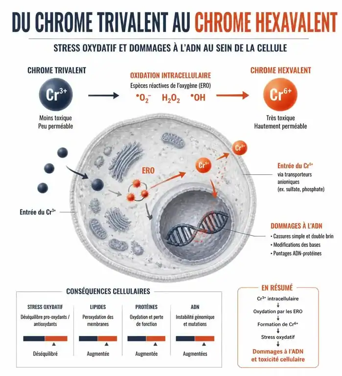 Schéma explicatif des dangers du picolinate de chrome et de l'oxydation cellulaire