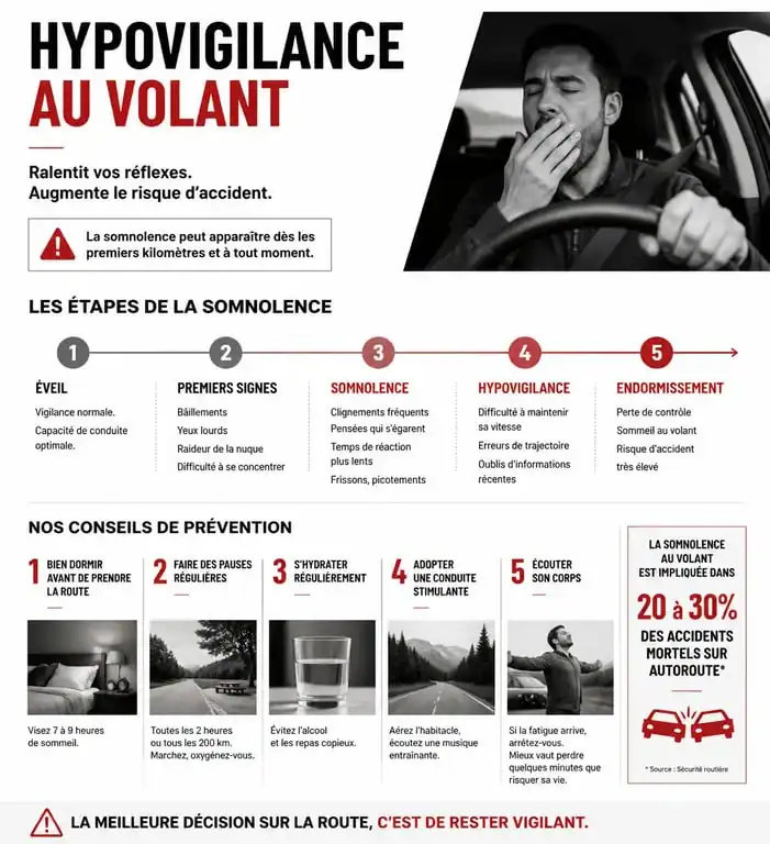 Infographie sur les signes de l'hypovigilance et conseils de prévention pour la sécurité routière