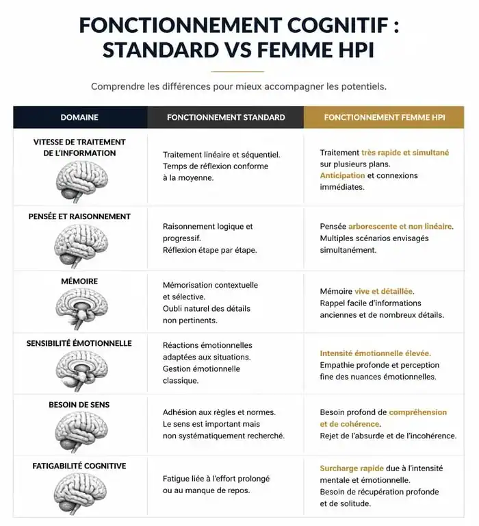 Tableau comparatif des signes et du fonctionnement cognitif chez la femme HPI