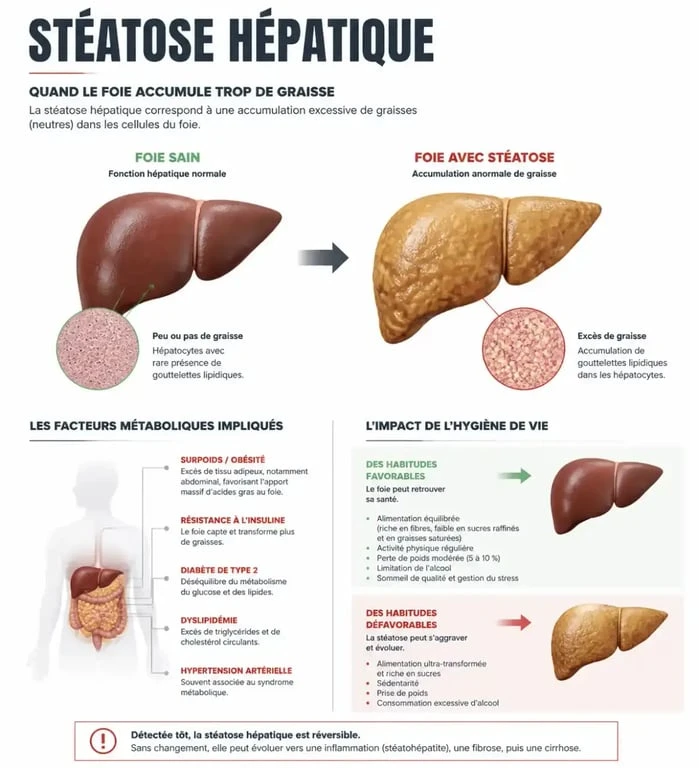 Schéma explicatif de la graisse dans le foie et traitement de la stéatose hépatique