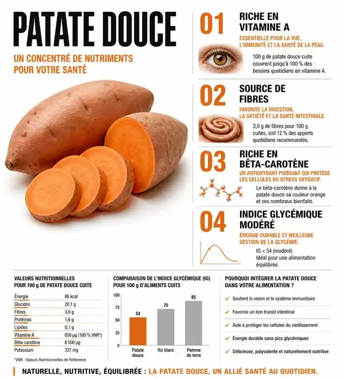 Infographie sur les bienfaits de la patate douce pour la santé et ses apports nutritionnels