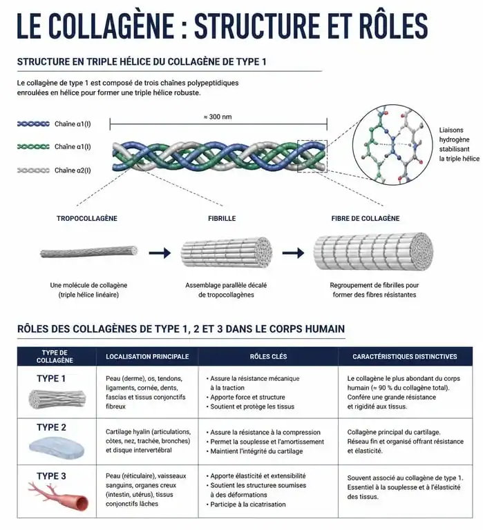 Infographie explicative sur les rôles et la structure du collagène de type 1 dans le corps humain