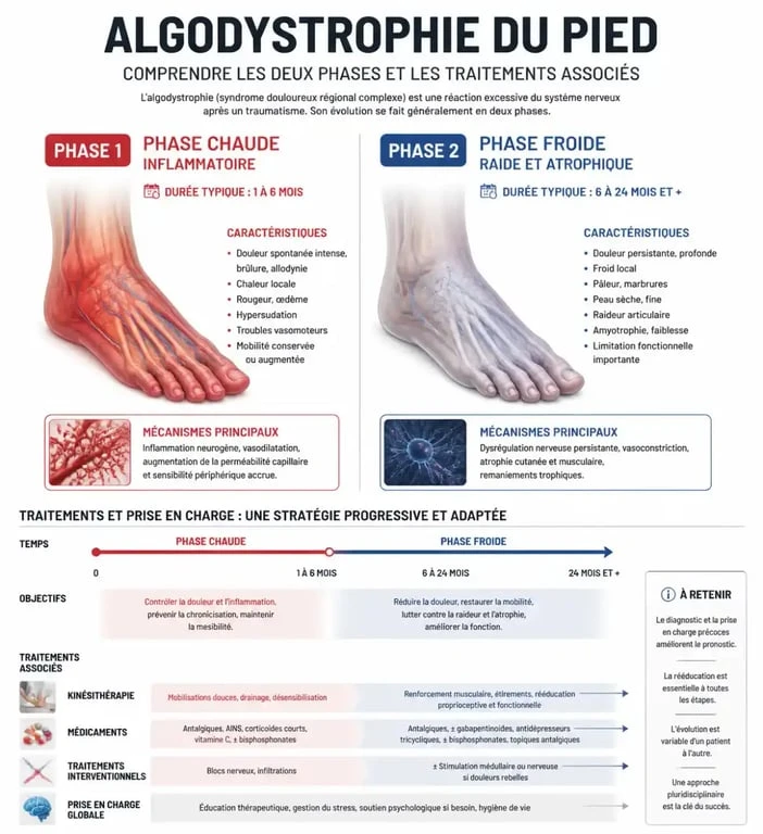 Infographie expliquant les phases et le traitement de l'algodystrophie du pied