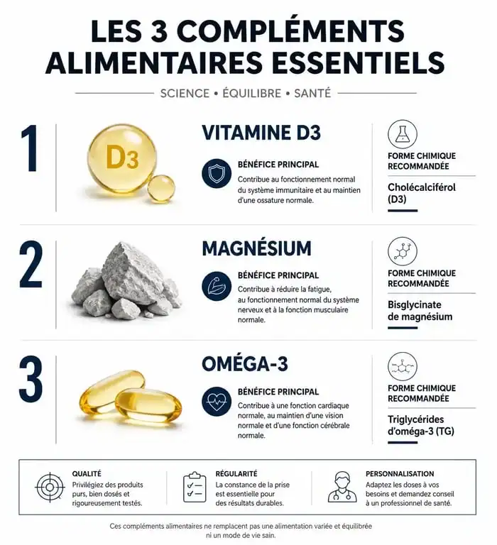 Infographie des meilleurs compléments alimentaires : Vitamine D3, Magnésium et Oméga-3 pour la santé