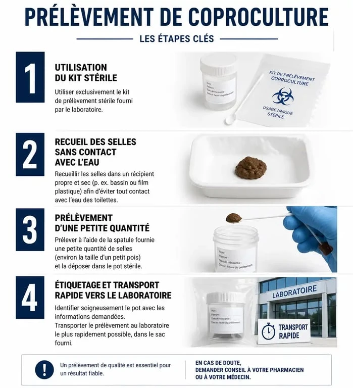 Infographie illustrant les étapes pour réaliser une coproculture et réussir son prélèvement de selles