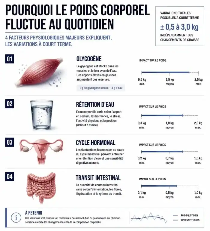 Infographie expliquant les facteurs de variation du poids lors de la pesée quotidienne
