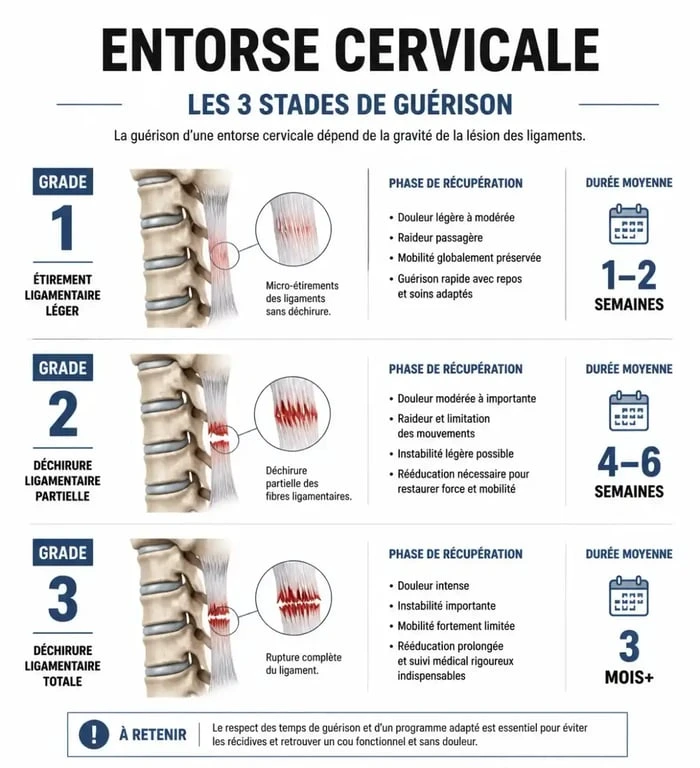 Infographie des délais de guérison d'une entorse cervicale selon la gravité