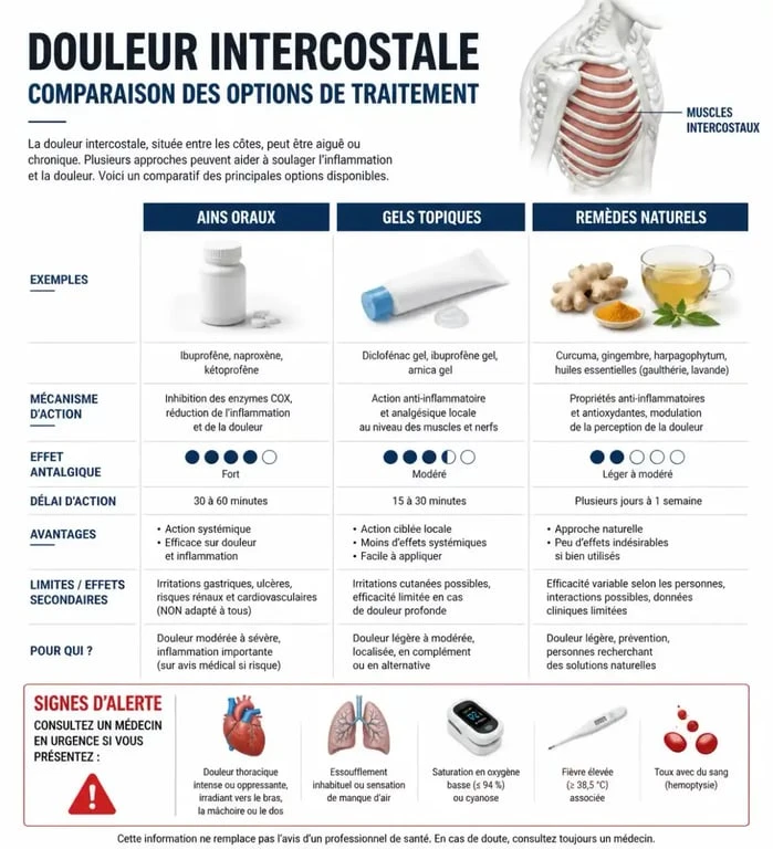 Infographie sur les traitements et anti-inflammatoires pour la douleur intercostale