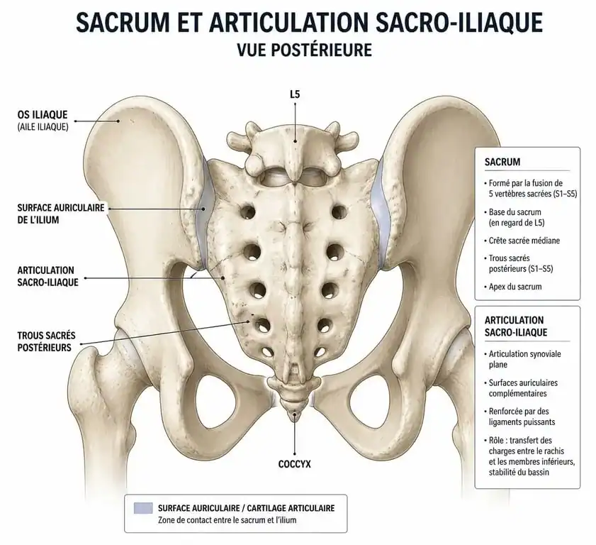 Schéma anatomique de l'articulation sacro-iliaque et du sacrum pour comprendre l'origine de la douleur sacrum