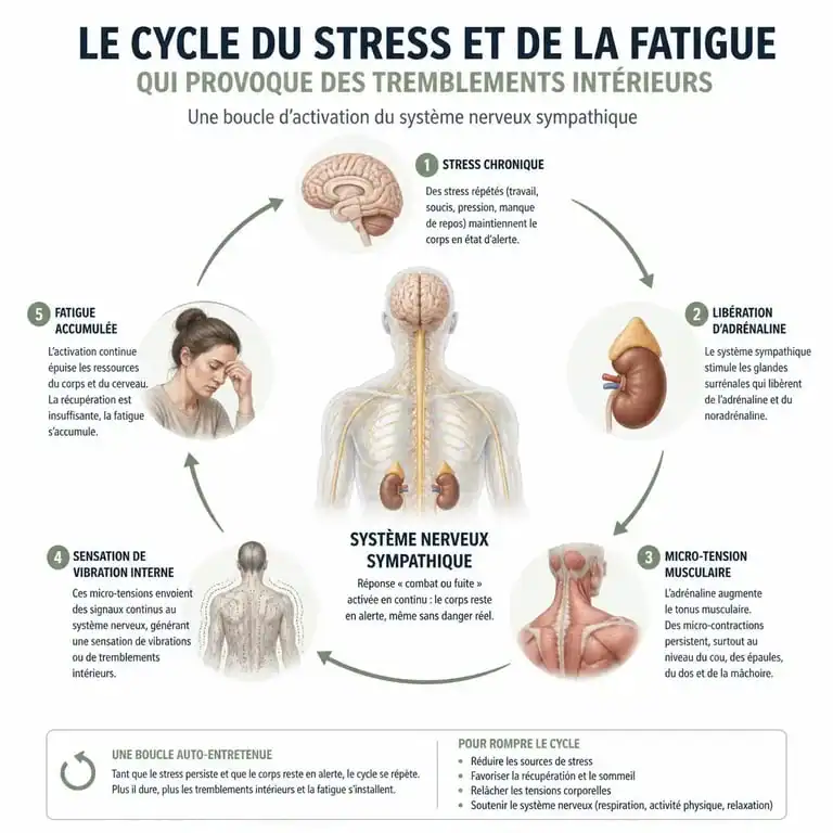 Infographie expliquant le mécanisme physiologique des tremblements intérieurs du corps liés à la fatigue et au stress.