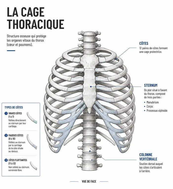 Schéma anatomique de la cage thoracique pour comprendre la douleur aux côtes après une chute