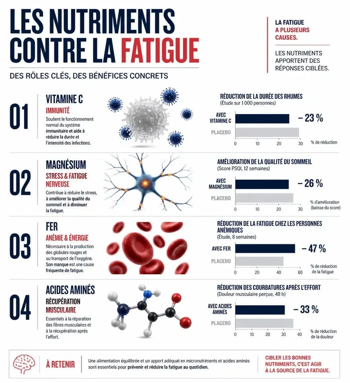 Infographie des nutriments et médicaments contre la fatigue : rôles du magnésium, fer et vitamine C