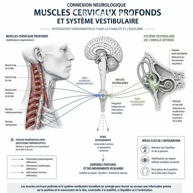 Schéma explicatif du lien entre les cervicales et les vertiges, montrant la proprioception cervicale et le système vestibulaire.