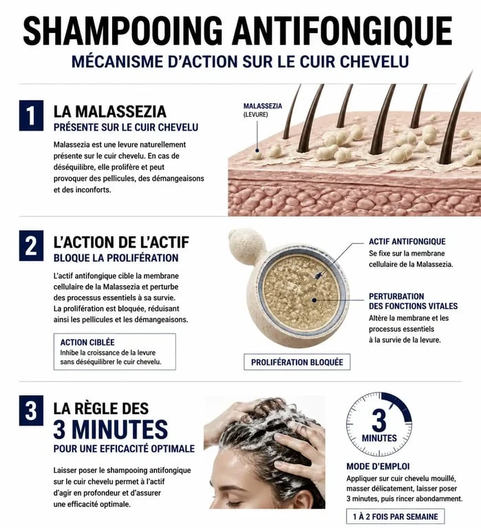 Infographie sur le fonctionnement et l'utilisation d'un shampoing antifongique sans ordonnance pour traiter les mycoses du cuir chevelu.