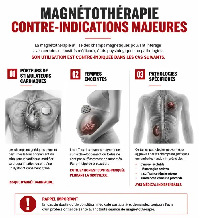 Infographie des contre-indications et dangers de la magnétothérapie pour la sécurité des patients