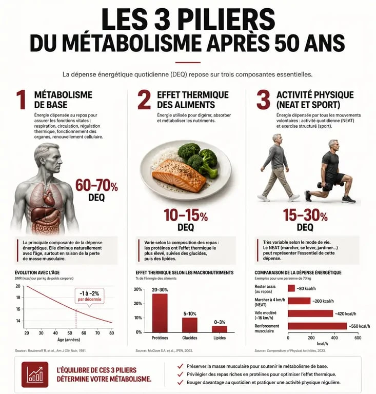Infographie expliquant les facteurs du métabolisme après 50 ans pour augmenter son métabolisme