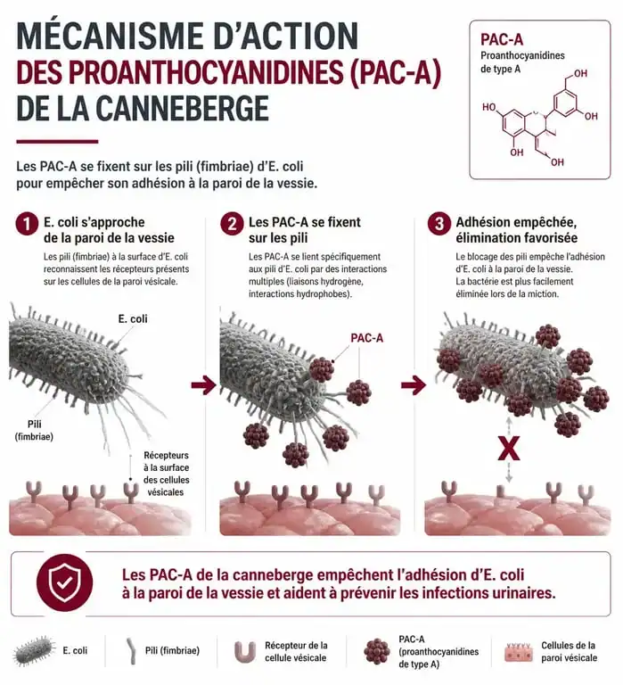 Infographie expliquant comment le jus de cranberry et les PAC-A empêchent l'infection urinaire par E. coli