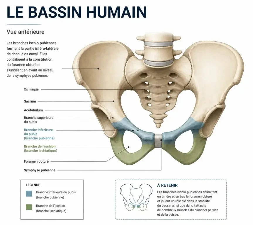 Schéma anatomique du bassin humain illustrant la zone de la fracture ischio-pubienne chez la personne âgée