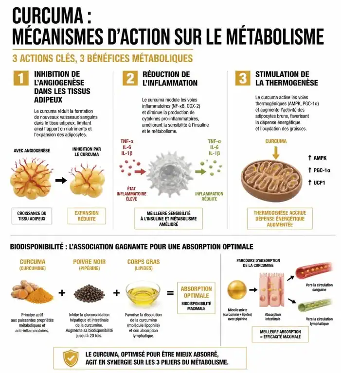 Infographie sur les mécanismes d'action du curcuma et perte de poids et biodisponibilité