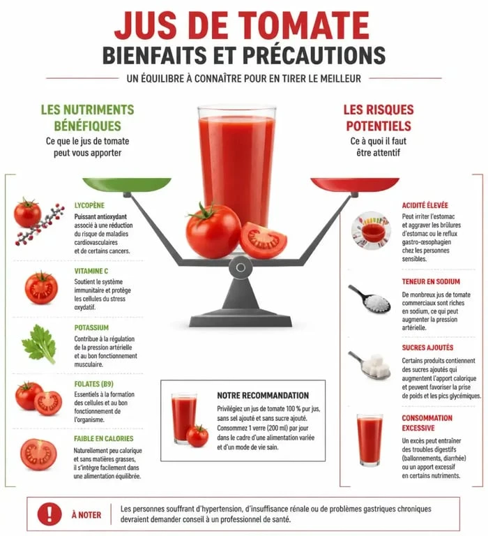 Infographie illustrant les effets sur la santé et les méfaits potentiels du jus de tomate