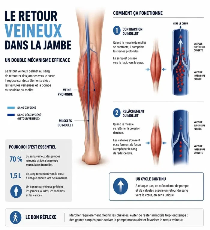Schéma explicatif du retour veineux pour améliorer la circulation sanguine dans les jambes