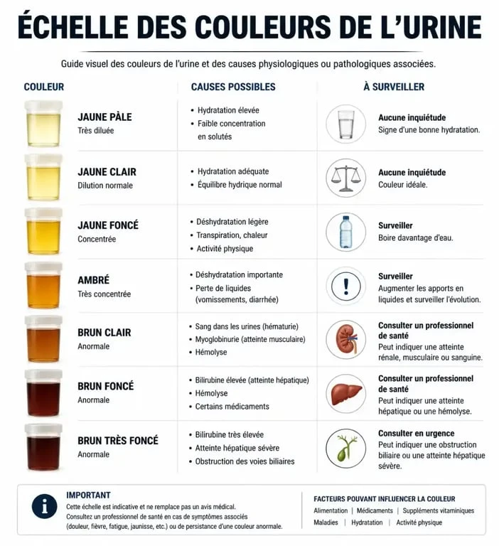 Infographie sur les causes de l'urine foncée et interprétation des couleurs