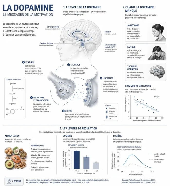 Infographie expliquant les symptômes et les causes d'un manque de dopamine dans le corps humain
