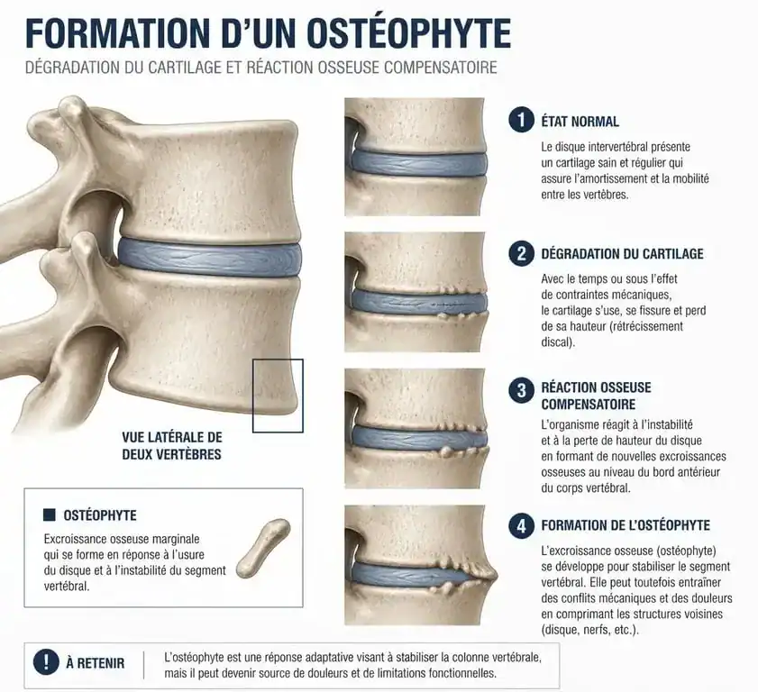 Schéma explicatif de la formation d'un ostéophyte ou bec de perroquet sur une vertèbre