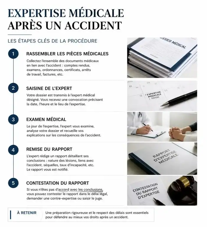 Infographie des étapes de l'expertise médicale pour les victimes de préjudice corporel