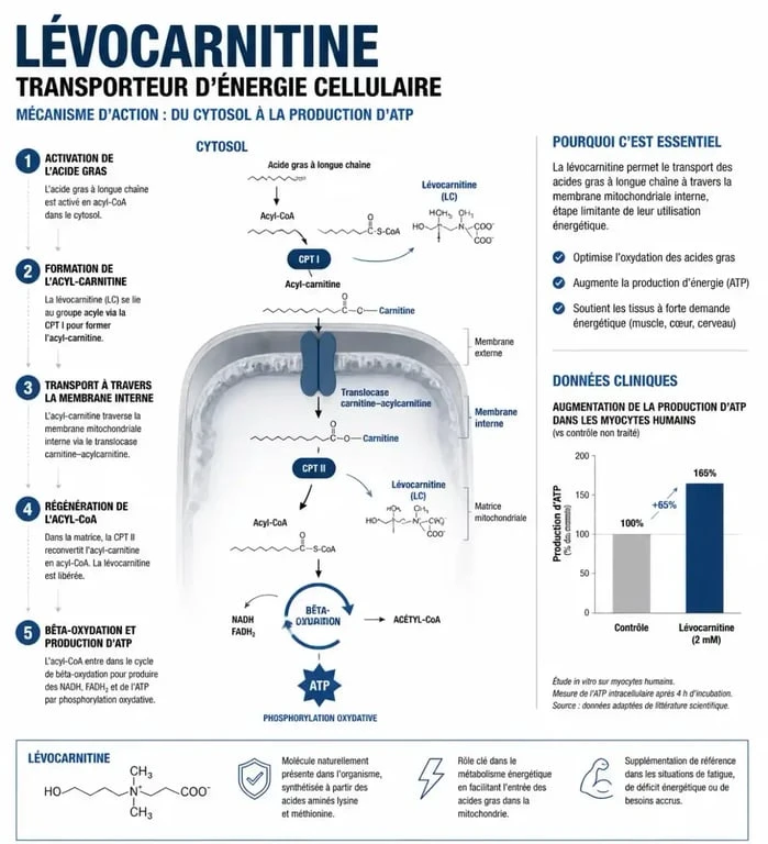 Schéma explicatif des bienfaits du Levocarnil et du rôle de la carnitine dans le métabolisme énergétique cellulaire
