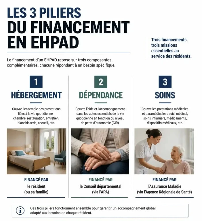 Infographie sur les trois types de forfaits en EHPAD : hébergement, dépendance et soins