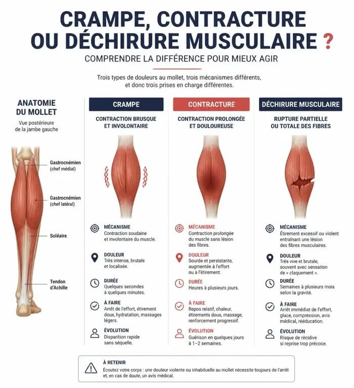 Infographie comparative des blessures musculaires au mollet : crampe, contracture et déchirure pour savoir que faire en cas de contracture au mollet.